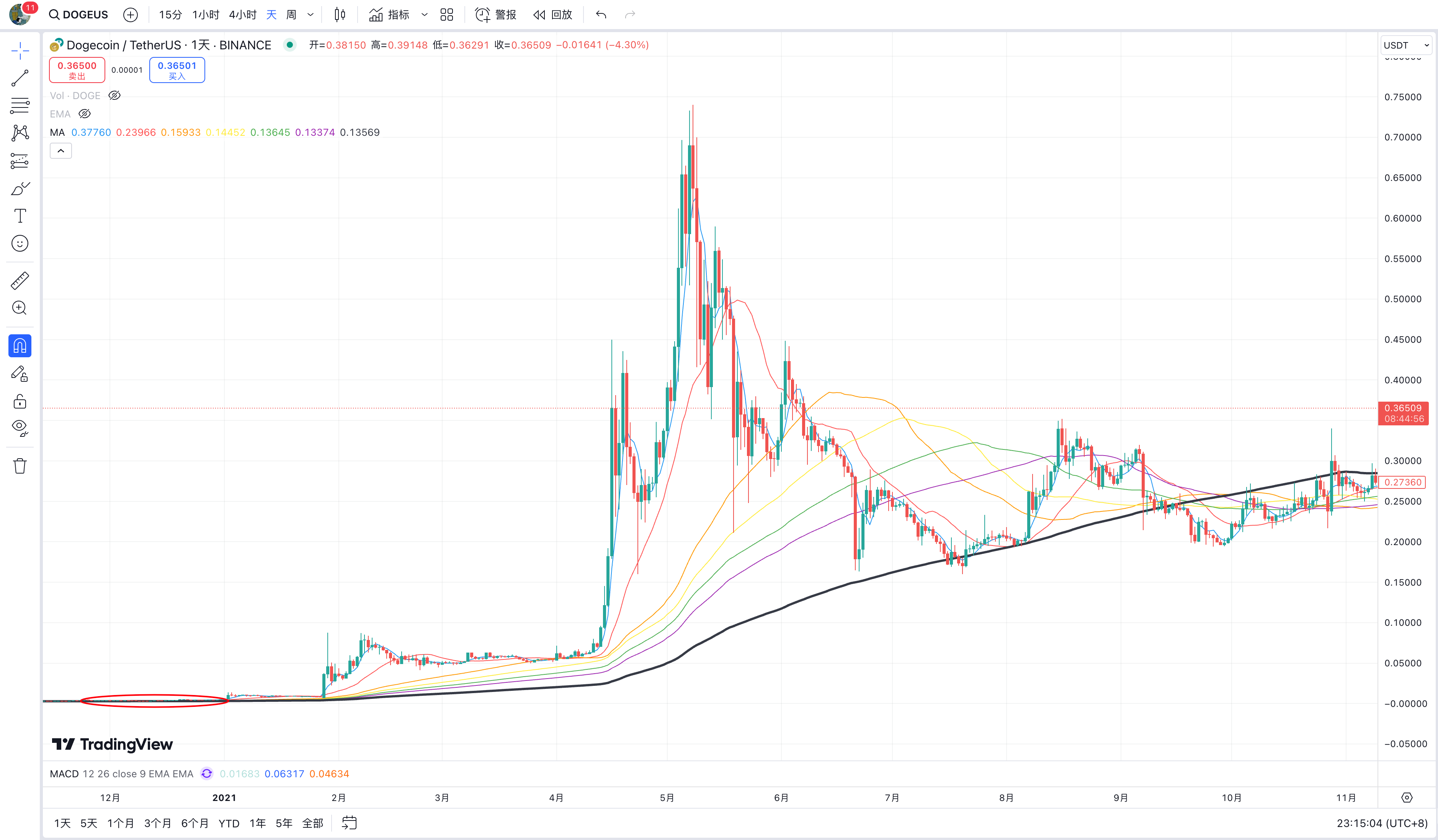 图2 doge 此图可以看到，即便前两次接近十倍的涨幅，在后面的行情中，也几乎成了一条水平的直线